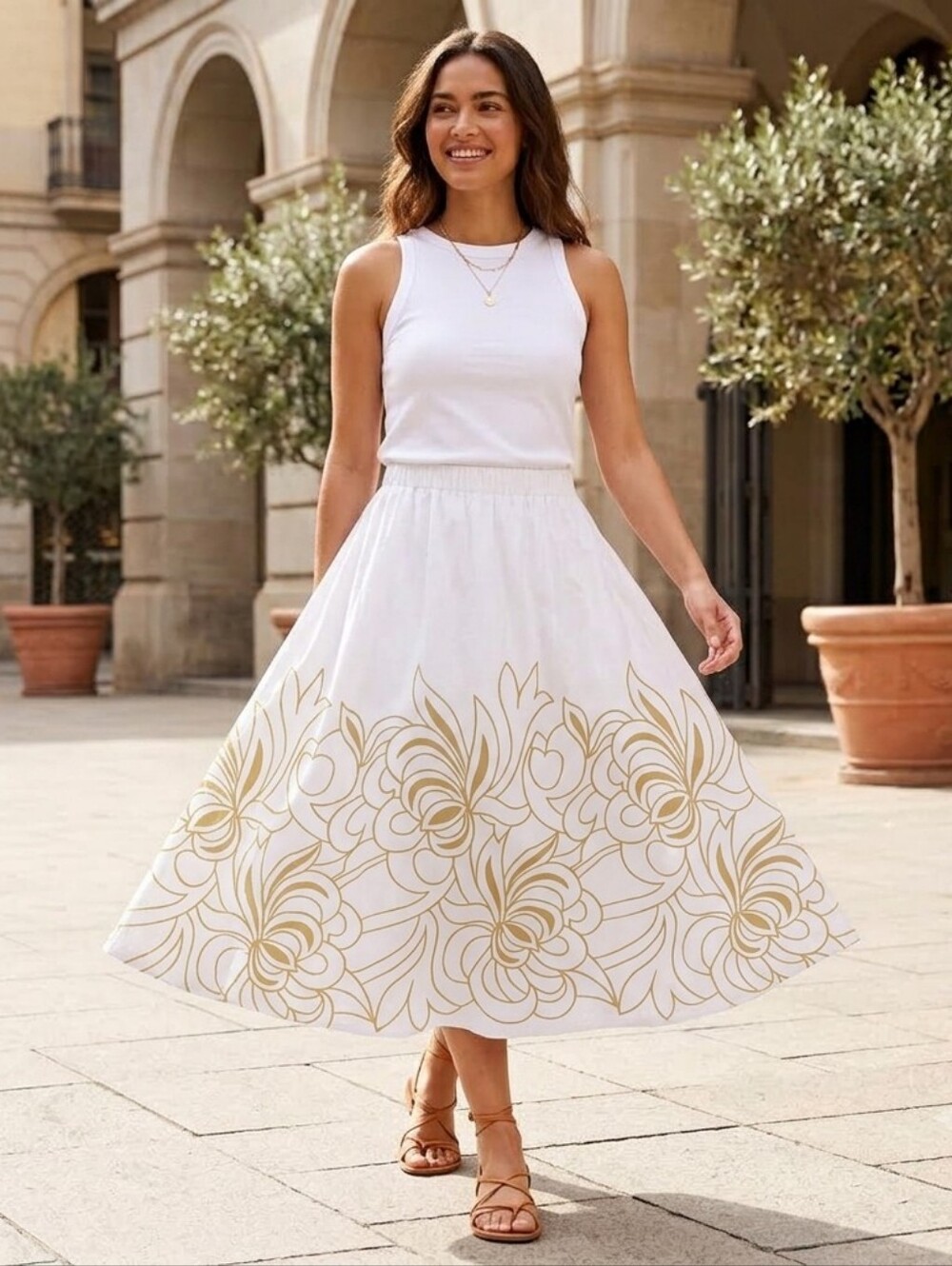 Avec Les Filles Women's Metallic Gold Floral Midi Skirt Sz L